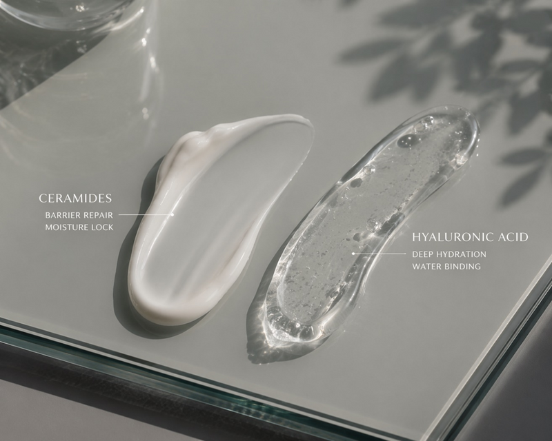 Ceramides versus hyaluronic acid skincare article for hydration and barrier support