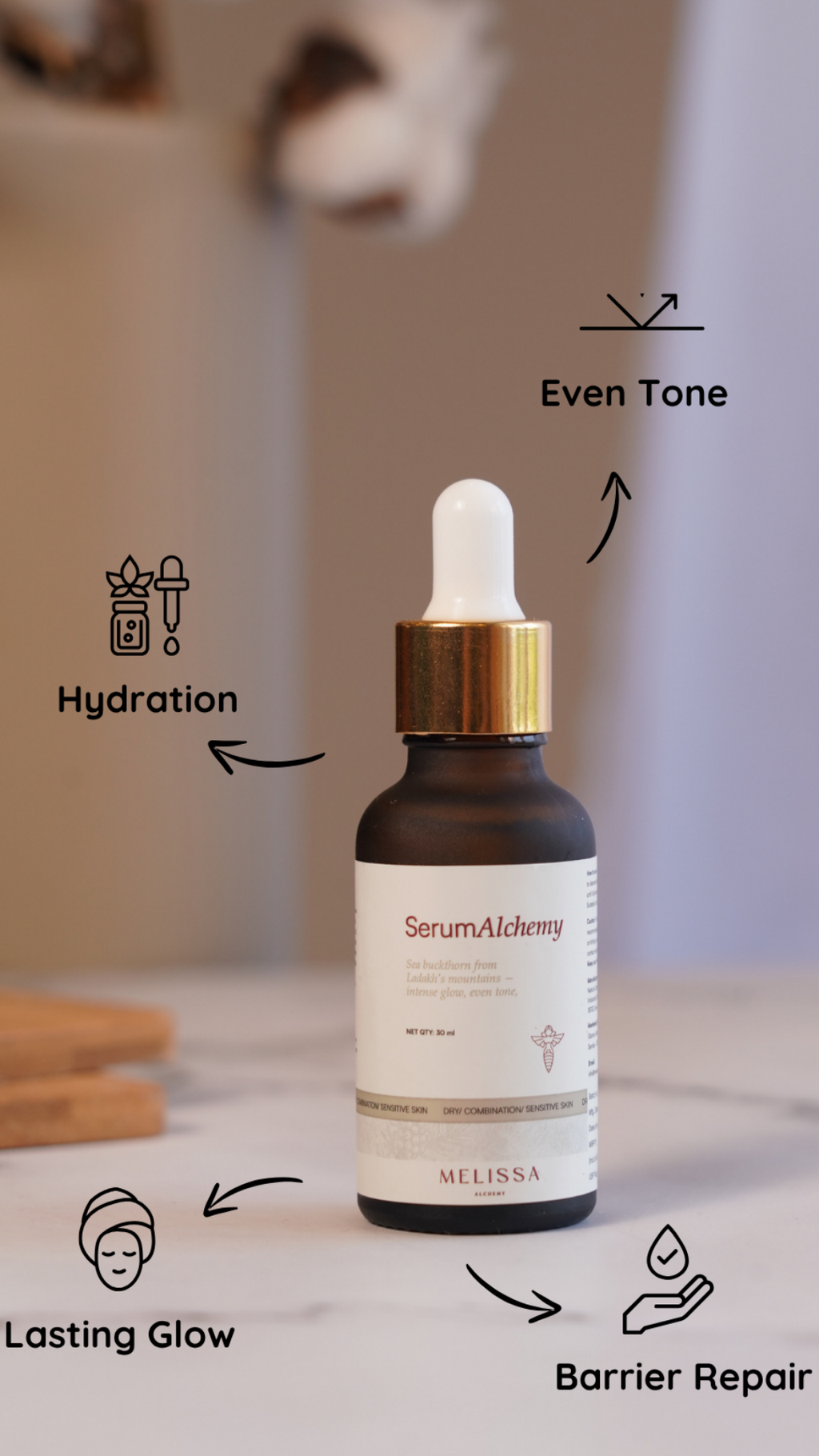 Melissa Alchemy Serum Alchemy with Sea Buckthorn skincare bottle placed beside its product box.