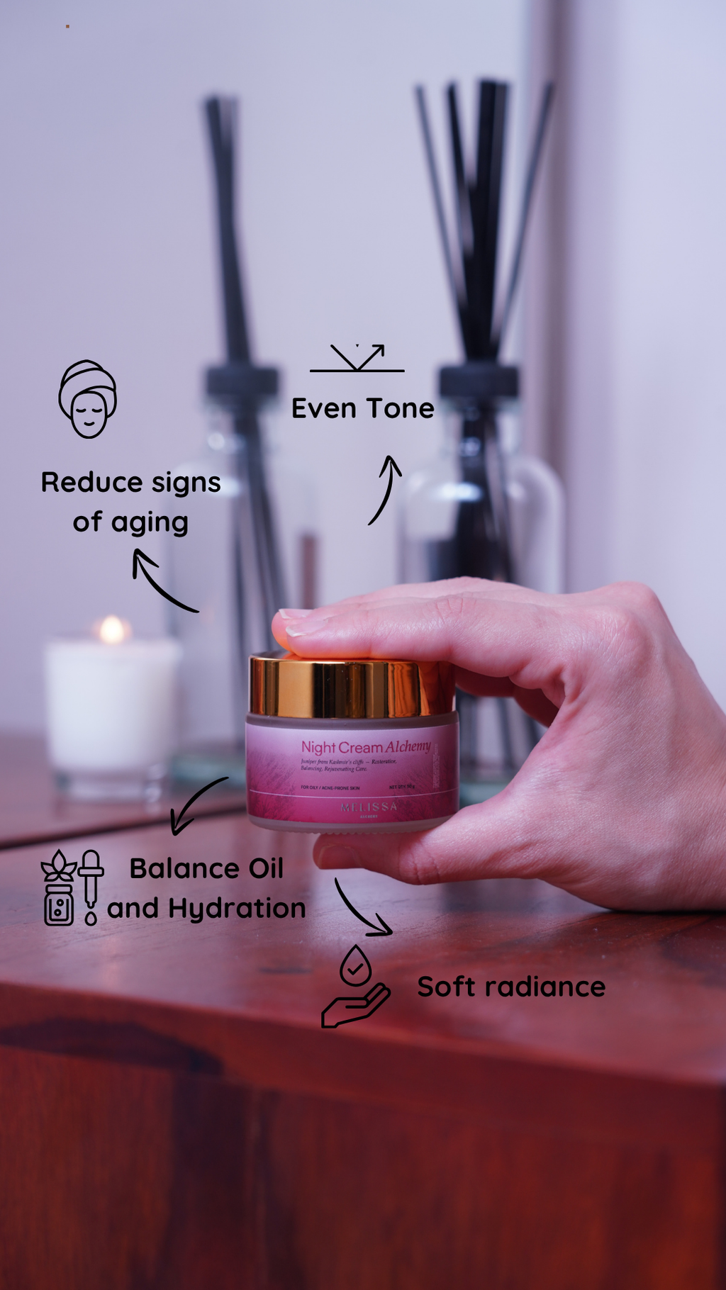 Melissa Alchemy Night Cream Alchemy with Juniper shown with key ingredient and skincare benefit highlights.