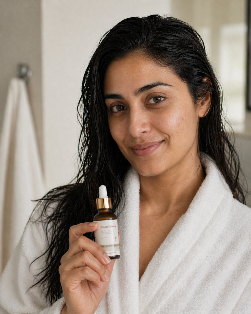 Woman holding Melissa Alchemy Serum Alchemy with Sea Buckthorn, representing daily skincare for glowing and healthy-looking skin.