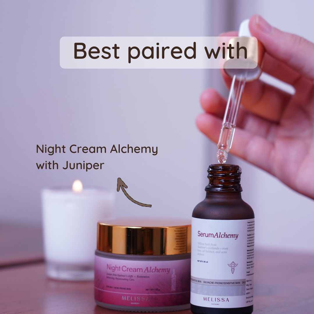 Melissa Alchemy skincare products displayed together with text highlighting the best pairing with Serum Alchemy.