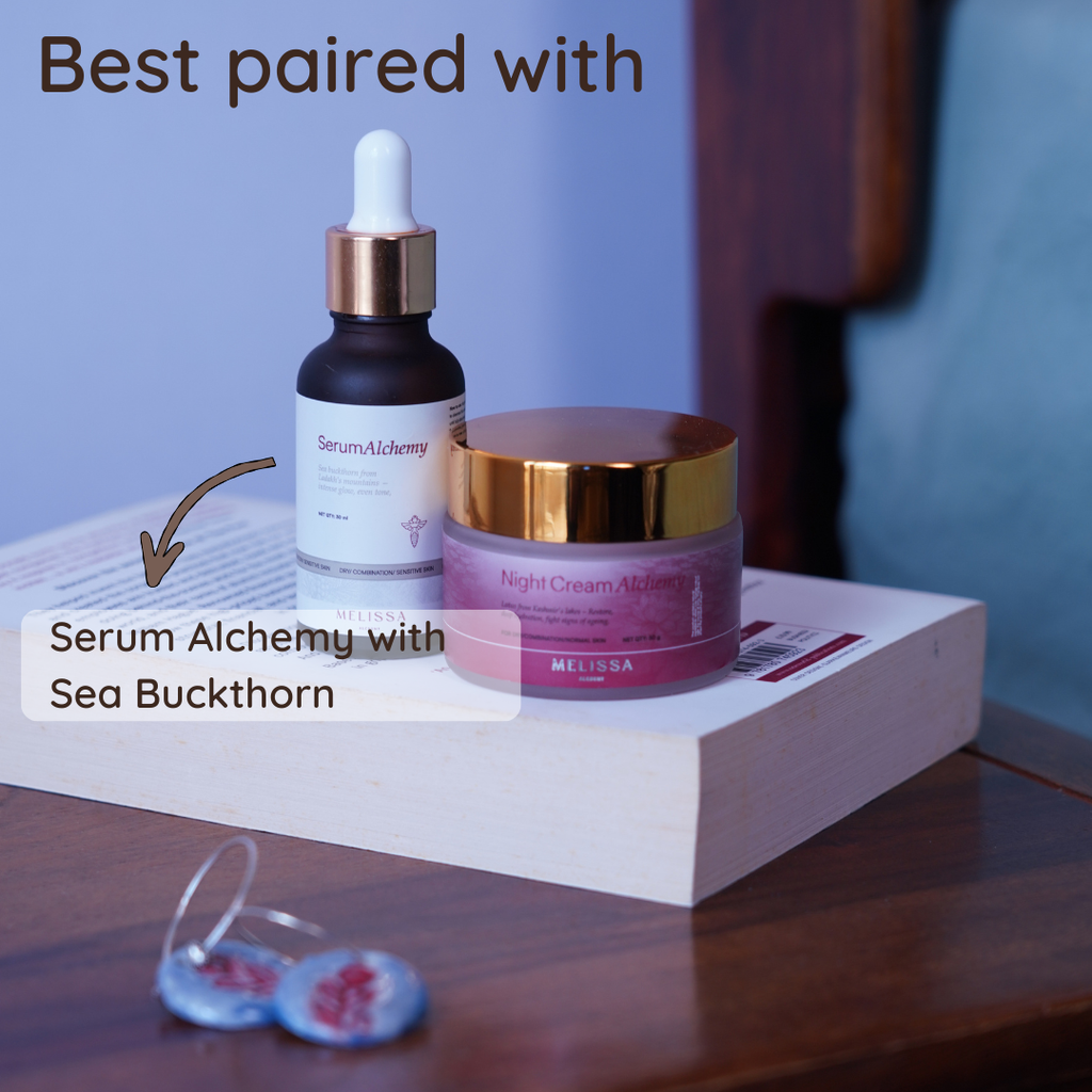 Melissa Alchemy Night Cream Alchemy with Lotus shown with its recommended skincare pairing.