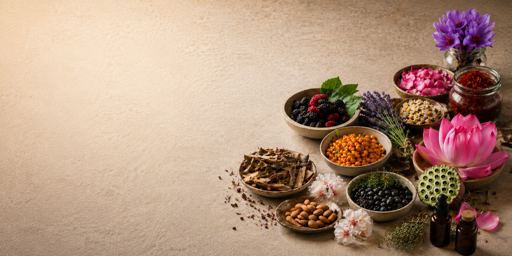 Cover image for Kashmiri Botanicals page featuring botanical ingredients from Kashmir and Ladakh