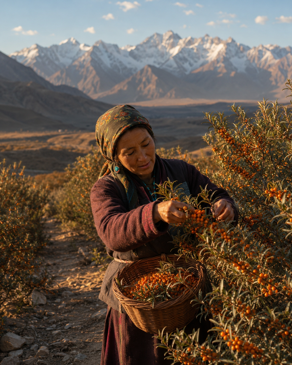 Woman gathering sea buckthorn berries in the mountains, representing resilient botanical ingredients used in skincare.